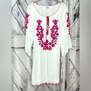 Chic Connection Embroidered Dress Boho Tassel Ties White Pink S